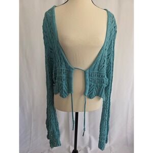 VERSONA‎ Womens Blue Open Knit Tie Front Cardigan Sweater Size L